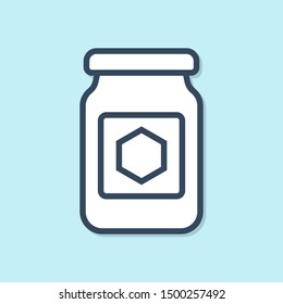 Blue line Jar of honey icon isolated on blue background. Food bank. Sweet natural food symbol.  Vector Illustration