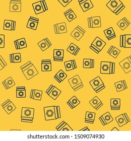 Blue line Jar of honey icon isolated seamless pattern on yellow background. Food bank. Sweet natural food symbol.  Vector Illustration