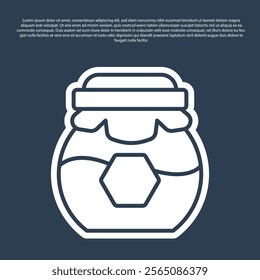 Blue line Jar of honey icon isolated on blue background. Food bank. Sweet natural food symbol.  Vector