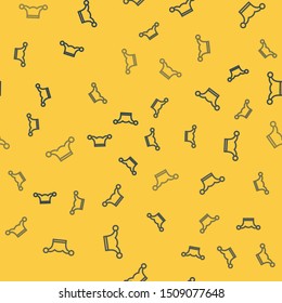 Blue line Jester hat with bells isolated seamless pattern on yellow background. Clown icon. Amusement park funnyman sign.  Vector Illustration