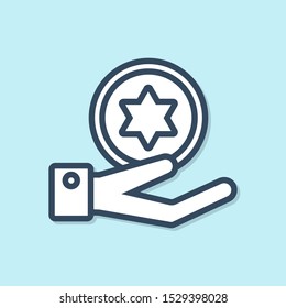 Blue line Jewish coin on hand icon isolated on blue background. Currency symbol.  Vector Illustration