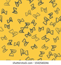 Blue line Jewish goblet and hanukkah sufganiyot icon isolated seamless pattern on yellow background. Jewish sweet bakery. Wine cup for kiddush.  Vector Illustration