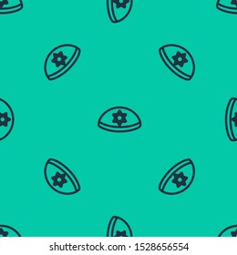 Blue line Jewish kippah with star of david icon isolated seamless pattern on green background. Jewish yarmulke hat.  Vector Illustration