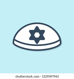 Blue line Jewish kippah with star of david icon isolated on blue background. Jewish yarmulke hat.  Vector Illustration