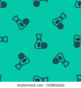 Blue line Jewish money bag with star of david and coin icon isolated seamless pattern on green background. Currency symbol.  Vector Illustration