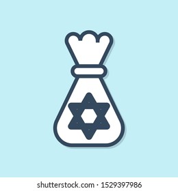 Blue line Jewish money bag with star of david icon isolated on blue background. Currency symbol.  Vector Illustration