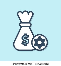 Blue line Jewish money bag with star of david and coin icon isolated on blue background. Currency symbol.  Vector Illustration