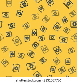 Blue line Jewish torah book icon isolated seamless pattern on yellow background. Pentateuch of Moses. On the cover of the Bible is the image of the Star of David.  Vector