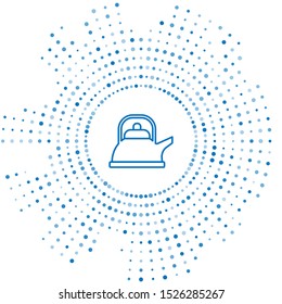 Blue line Kettle with handle icon isolated on white background. Teapot icon. Abstract circle random dots. Vector Illustration