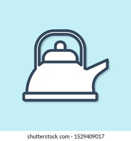 Blue line Kettle with handle icon isolated on blue background. Teapot icon.  Vector Illustration