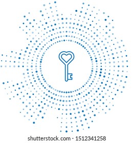 Blue line Key in heart shape icon isolated on white background. Abstract circle random dots. Vector Illustration