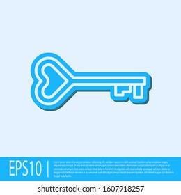 Blue line Key in heart shape icon isolated on grey background. Valentines day symbol. Vector Illustration
