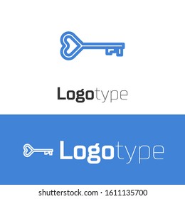Blue line Key in heart shape icon isolated on white background. Valentines day symbol. Logo design template element. Vector Illustration