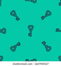 Blue line Key in heart shape icon isolated seamless pattern on green background. Valentines day.  Vector Illustration