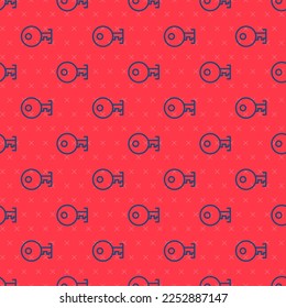 Blue line Key icon isolated seamless pattern on red background.  Vector Illustration