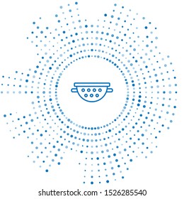 Blue line Kitchen colander icon isolated on white background. Cooking utensil. Cutlery sign. Abstract circle random dots. Vector Illustration
