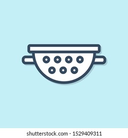 Blue line Kitchen colander icon isolated on blue background. Cooking utensil. Cutlery sign.  Vector Illustration