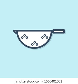 Blue line Kitchen colander icon isolated on blue background. Cooking utensil. Cutlery sign.  Vector Illustration