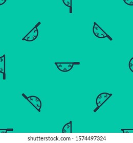 Blue line Kitchen colander icon isolated seamless pattern on green background. Cooking utensil. Cutlery sign.  Vector Illustration