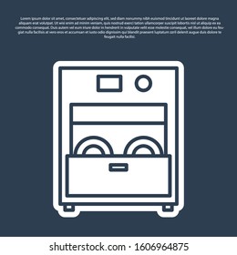 Blue line Kitchen dishwasher machine icon isolated on blue background.  Vector Illustration