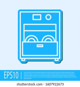Blue line Kitchen dishwasher machine icon isolated on grey background.  Vector Illustration