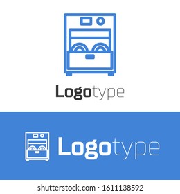 Blue line Kitchen dishwasher machine icon isolated on white background. Logo design template element. Vector Illustration