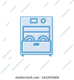 Blue line Kitchen dishwasher machine icon isolated on white background.  Vector Illustration