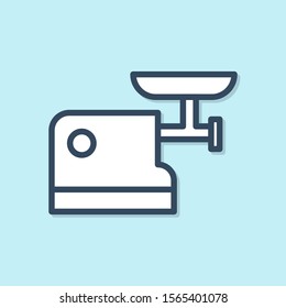Blue line Kitchen meat grinder icon isolated on blue background.  Vector Illustration