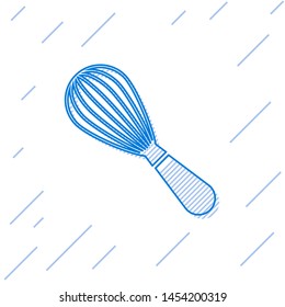 Blue line Kitchen whisk icon isolated on white background. Cooking utensil, egg beater. Cutlery sign. Food mix symbol.  Vector Illustration