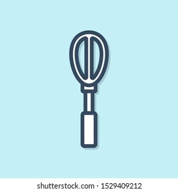 Blue line Kitchen whisk icon isolated on blue background. Cooking utensil, egg beater. Cutlery sign. Food mix symbol.  Vector Illustration