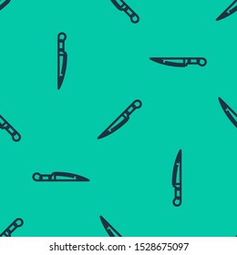 Blue line Knife icon isolated seamless pattern on green background. Cutlery symbol.  Vector Illustration