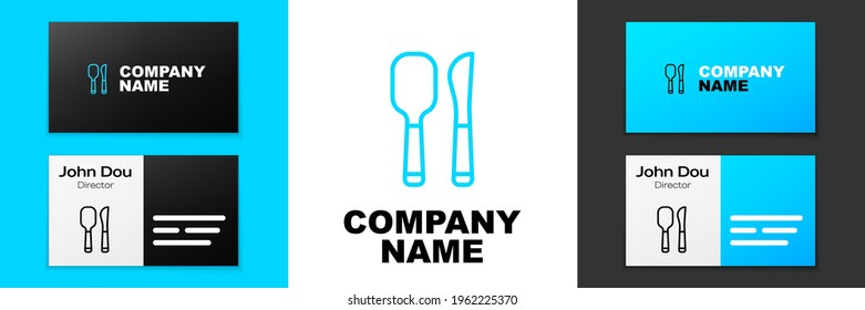 Blue line Knife and spoon icon isolated on white background. Cooking utensil. Cutlery sign. Logo design template element. Vector