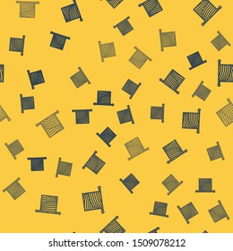 Blue line Knitting icon isolated seamless pattern on yellow background. Wool emblem with knitted fabric and needle. Label for hand made, knitting or tailor shop.  Vector Illustration