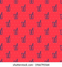 Blue line Laboratory glassware or beaker icon isolated seamless pattern on red background.  Vector