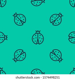 Blue line Ladybug icon isolated seamless pattern on green background.  Vector Illustration