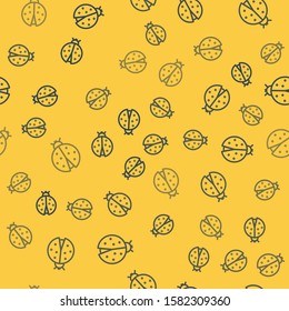 Blue line Ladybug icon isolated seamless pattern on yellow background.  Vector Illustration