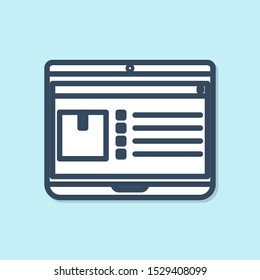 Blue line Laptop with app delivery tracking icon isolated on blue background. Parcel tracking.  Vector Illustration