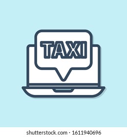 Blue line Laptop call taxi service icon isolated on blue background.  Vector Illustration