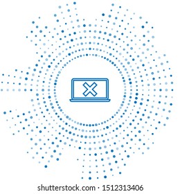 Blue line Laptop and cross mark on screen icon isolated on white background. Error window, exit button, cancel, 404 error page not found concept. Abstract circle random dots. Vector Illustration