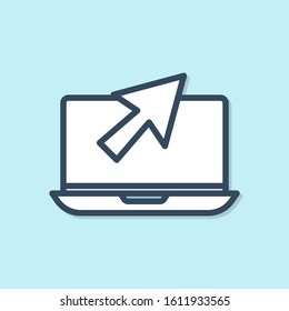 Blue line Laptop and cursor icon isolated on blue background. Computer notebook with empty screen sign.  Vector Illustration