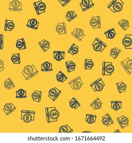 Blue line Laptop with dollar symbol icon isolated seamless pattern on yellow background. Online shopping concept. Earnings in the Internet, marketing.  Vector Illustration