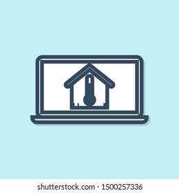 Blue line Laptop with house temperature icon isolated on blue background. Thermometer icon.  Vector Illustration