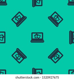 Blue line Laptop with house under protection icon isolated seamless pattern on green background. Protection, safety, security, protect, defense concept.  Vector Illustration