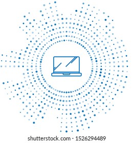 Blue line Laptop icon isolated on white background. Computer notebook with empty screen sign. Abstract circle random dots. Vector Illustration