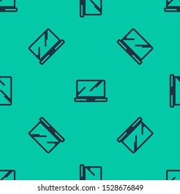 Blue line Laptop icon isolated seamless pattern on green background. Computer notebook with empty screen sign.  Vector Illustration