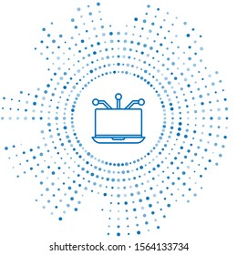 Blue line Laptop icon isolated on white background. Technology and devices concept.. Abstract circle random dots. Vector Illustration