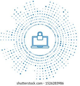 Blue line Laptop and lock icon isolated on white background. Computer and padlock. Security, safety, protection concept. Safe internetwork. Abstract circle random dots. Vector Illustration