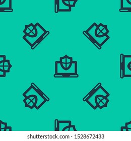 Blue line Laptop protected with shield icon isolated seamless pattern on green background. PC security, firewall technology, privacy safety.  Vector Illustration