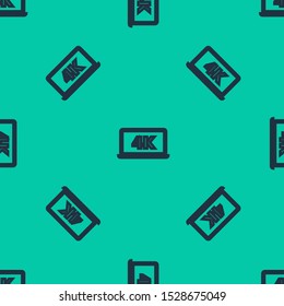 Blue line Laptop screen with 4k video technology icon isolated seamless pattern on green background.  Vector Illustration