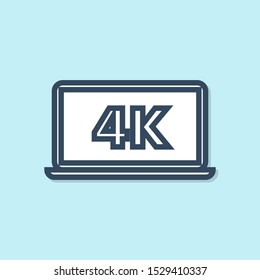 Blue line Laptop screen with 4k video technology icon isolated on blue background.  Vector Illustration